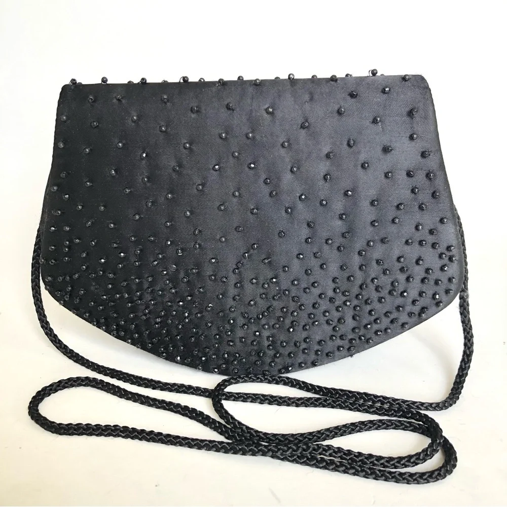 La Regale Vintage Clutch Black Beaded Satin Purse